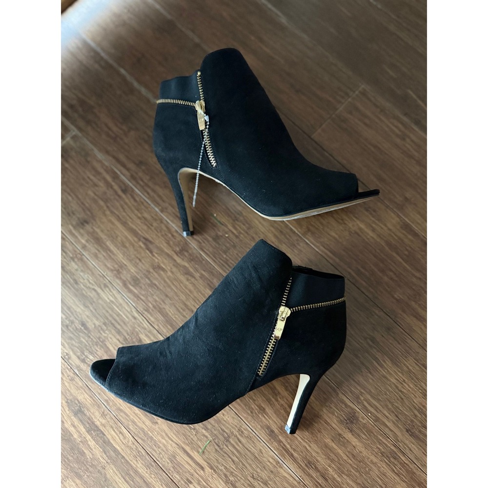 Marc Fisher Black Suede Peep Toe Ankle Boots Gold Side Zip Stiletto Heel 9M